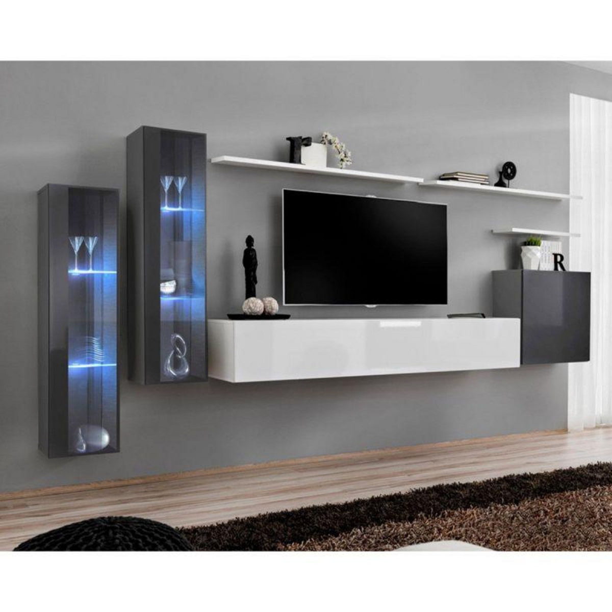 Paris Prix Meuble TV Mural Design  Switch XI  330cm Gris & Blanc