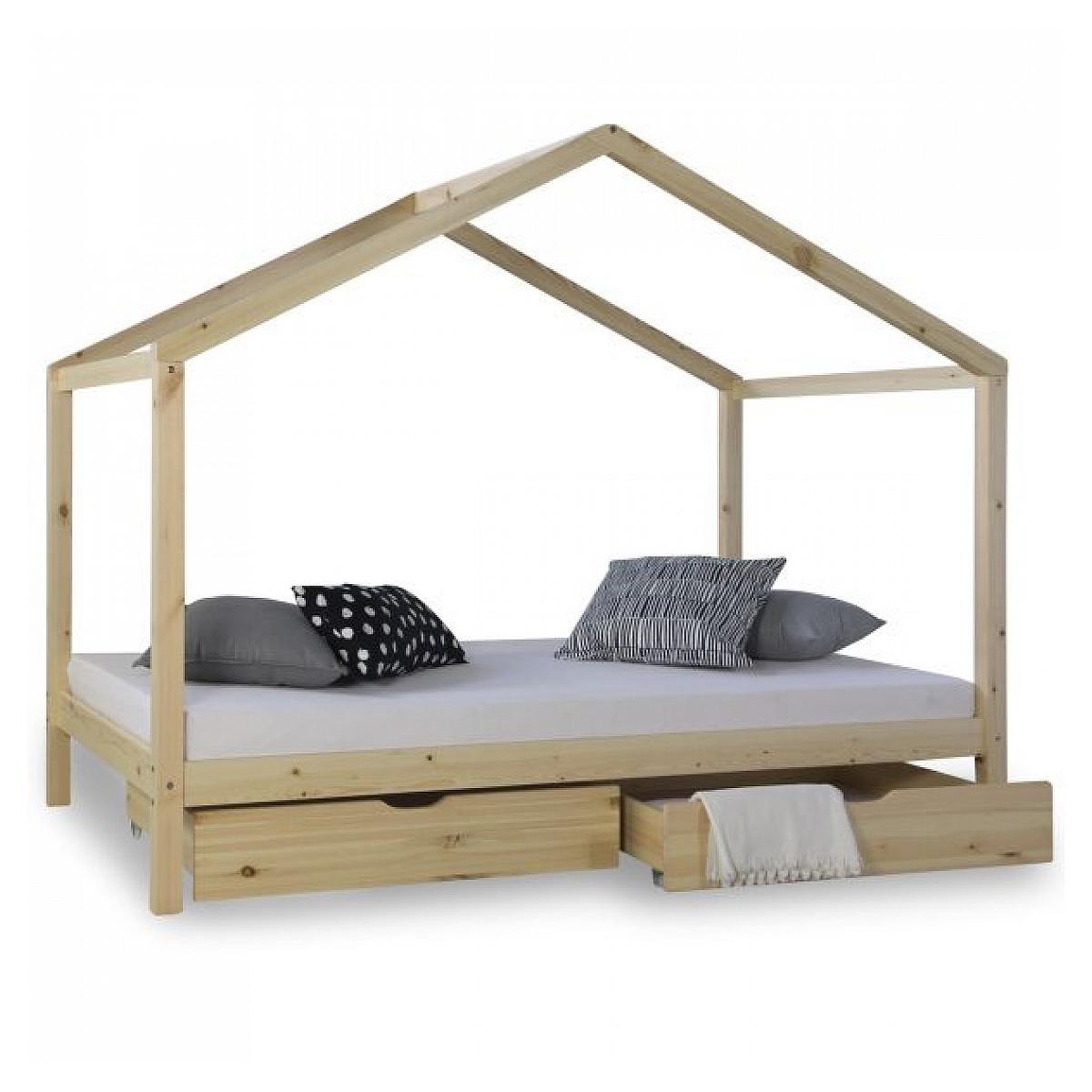Voir la diapositive 1 : HomeStyle4U Lit enfant avec matelas 90x200 Lit cabane Lit enfant Lit en bois Nature Lit tiroir