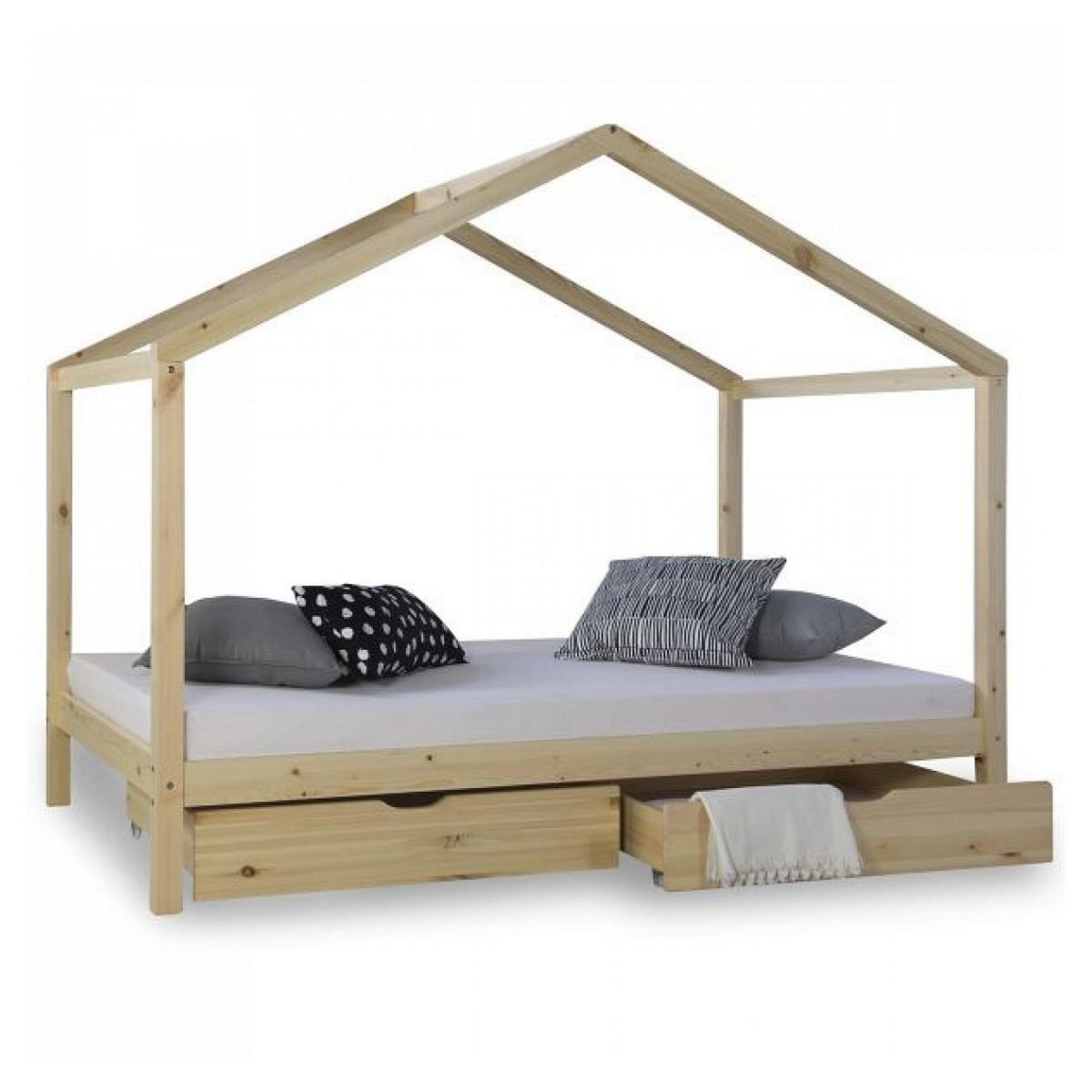 HomeStyle4U Lit enfant avec matelas 90x200 Lit cabane Lit enfant Lit en bois Nature Lit tiroir