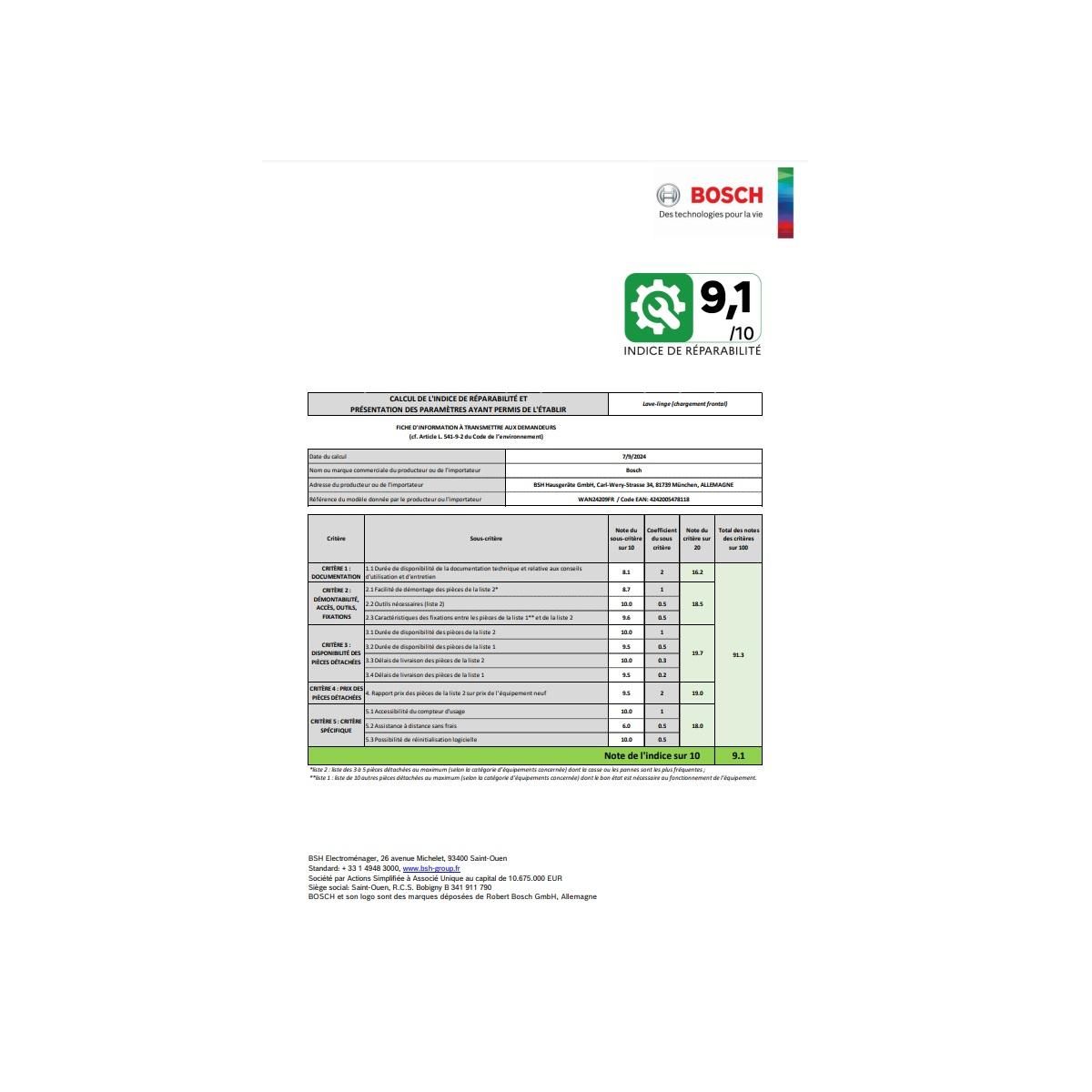 BOSCH Lave-linge hublot 9kg 1200 tours/min - WAN24209FR