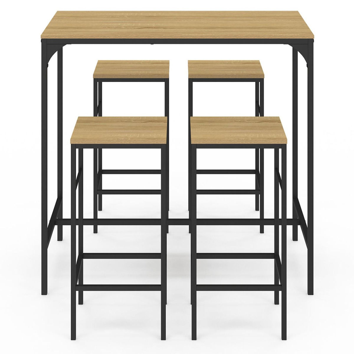 ID MARKET Ensemble table haute de bar DETROIT 100 cm et 4 tabourets bois et métal noir design industriel