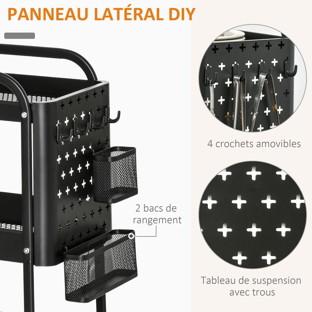 HOMCOM Desserte chariot de rangement en métal à roulettes 3 niveaux avec 2 range-couverts 4 crochets dim.51,5L x 32l x 75,6H cm