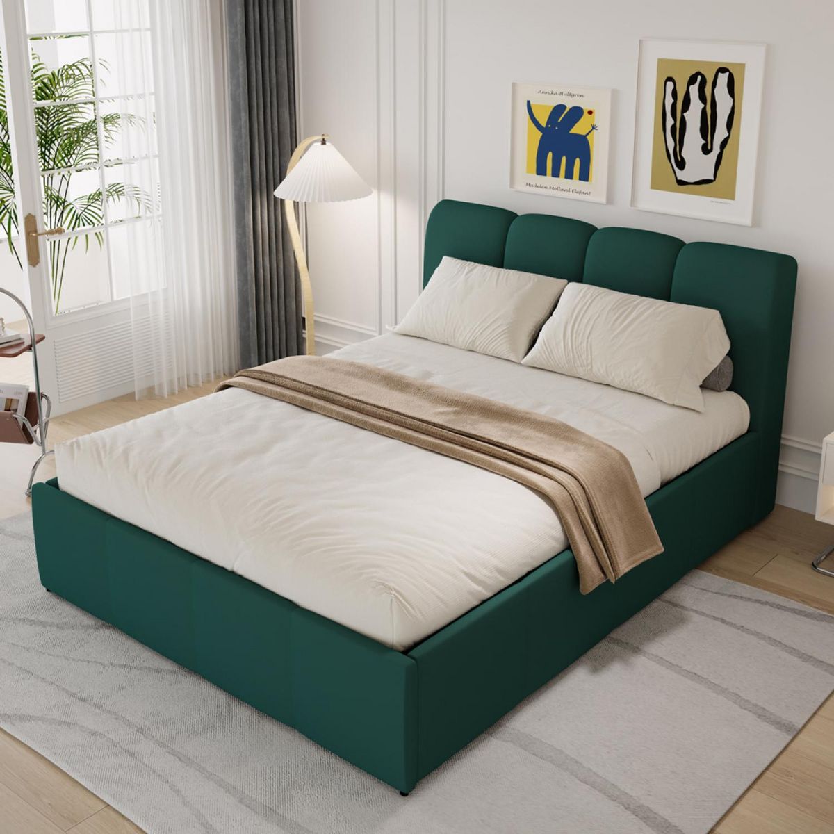 CONCEPT USINE Lit nuage coffre 140x190cm velours vert BALTIMORE