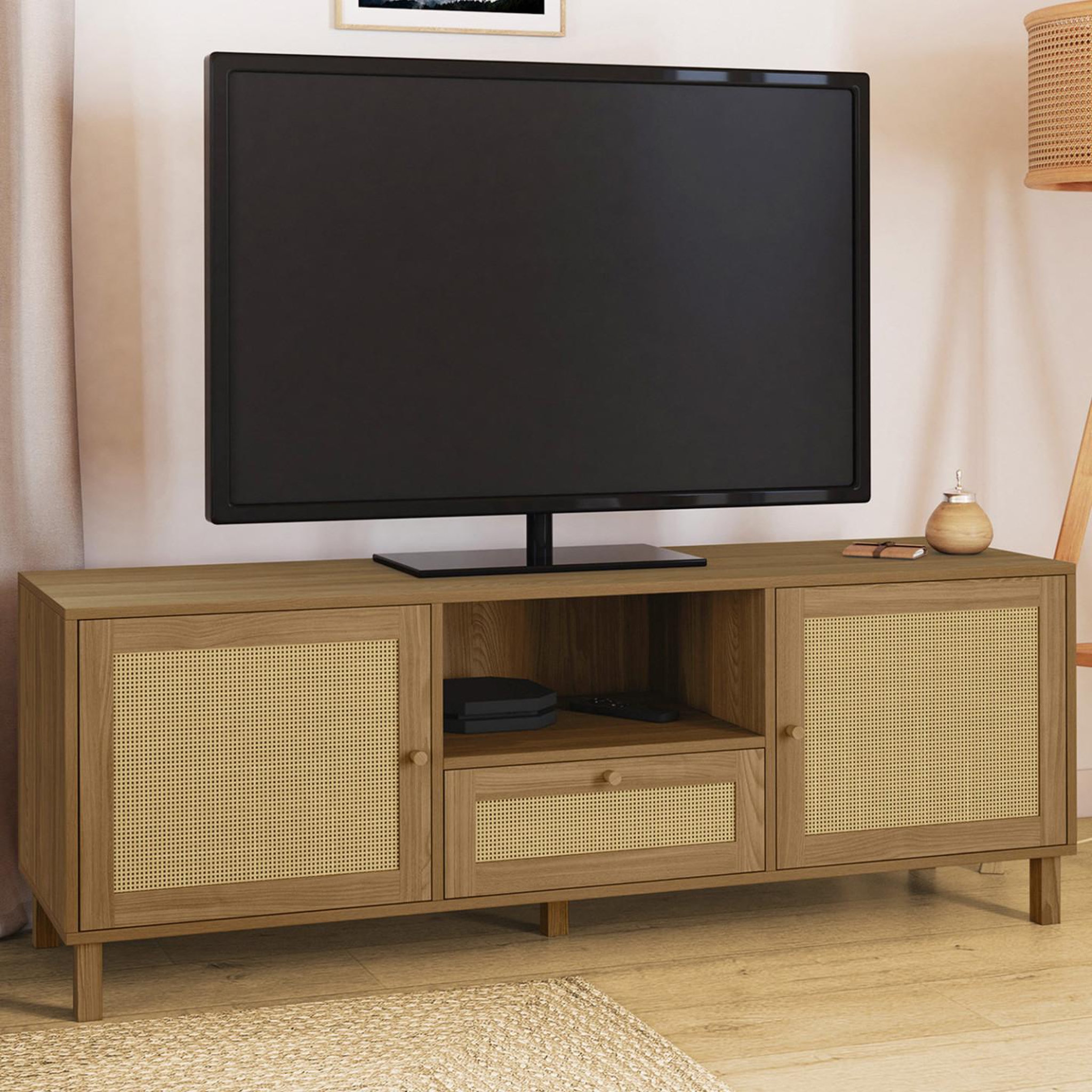 Voir la diapositive 2 : ID MARKET Meuble tv 140 cm vintage hanae 3 portes effet naturel cannage