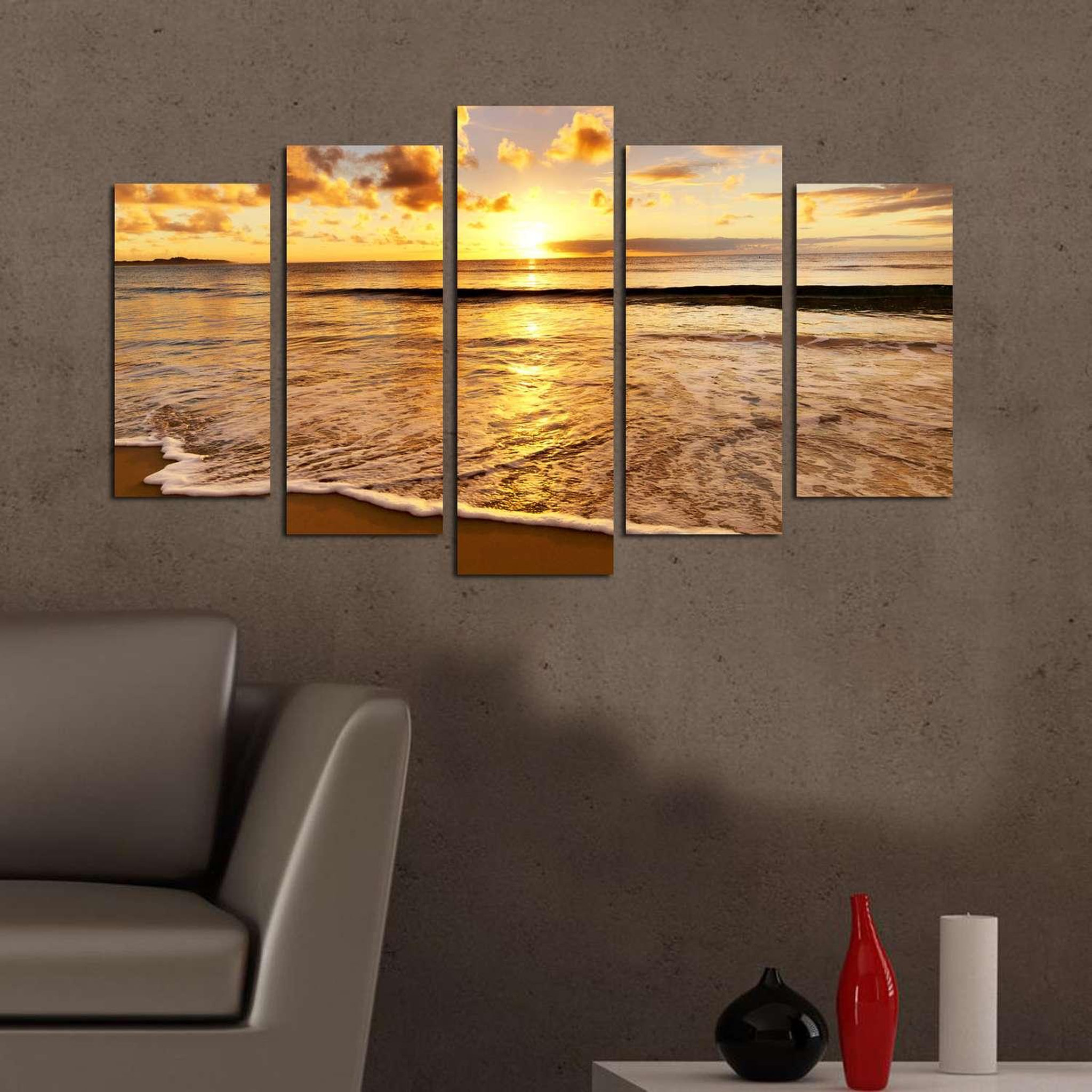 Voir la diapositive 2 : TOILINUX Lot de 5 tableaux coucher de soleil - orange
