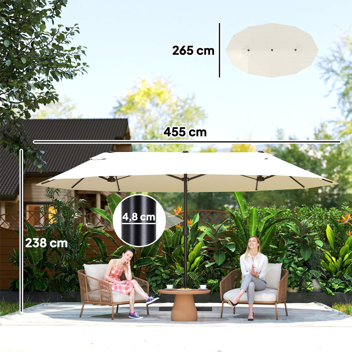 OUTSUNNY Parasol de jardin XXL parasol grande taille 4,6L x 2,7l x 2,4H m ouverture fermeture manivelle acier polyester haute densité crème