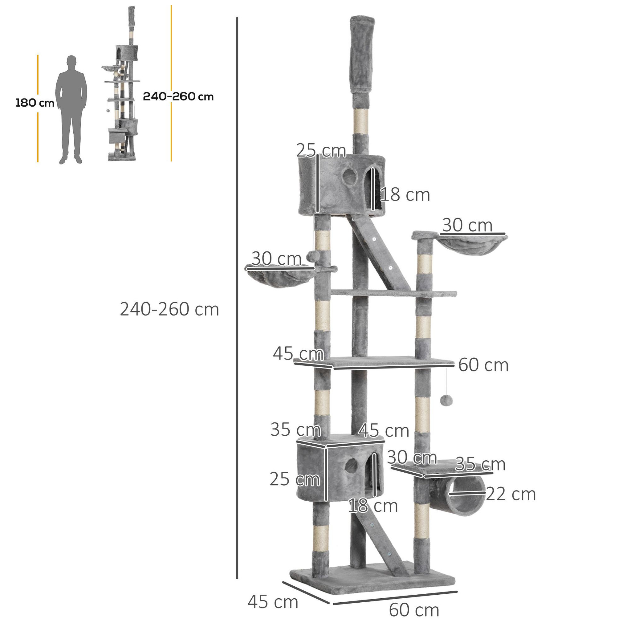 Voir la diapositive 3 : PAWHUT Arbre à chat design xxl réglable h.240-260 cm multi-équipement gris