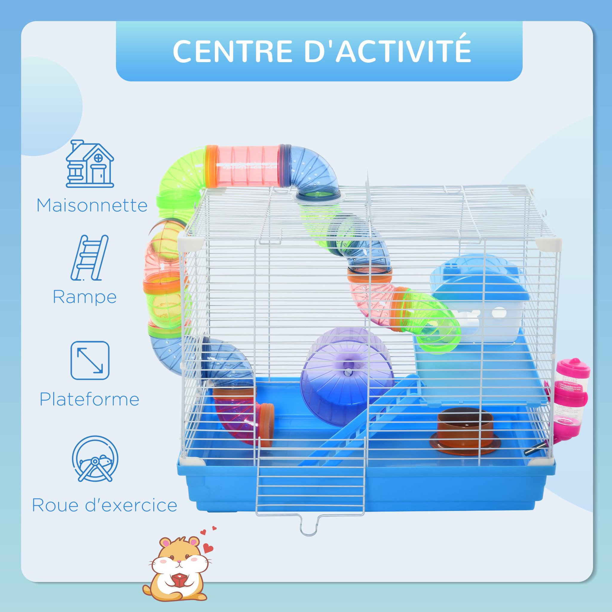 Voir la diapositive 4 : PAWHUT Cage à hamster rongeur 2 niveaux avec tunnel, biberon eau, roue, maisonnette, échelles - dim. 46L x 30l x 37H cm - métal blanc PP bleu