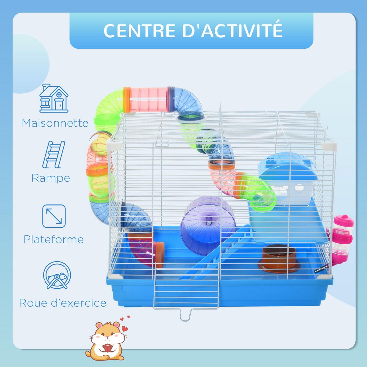 PAWHUT Cage à hamster rongeur 2 niveaux avec tunnel, biberon eau, roue, maisonnette, échelles - dim. 46L x 30l x 37H cm - métal blanc PP bleu