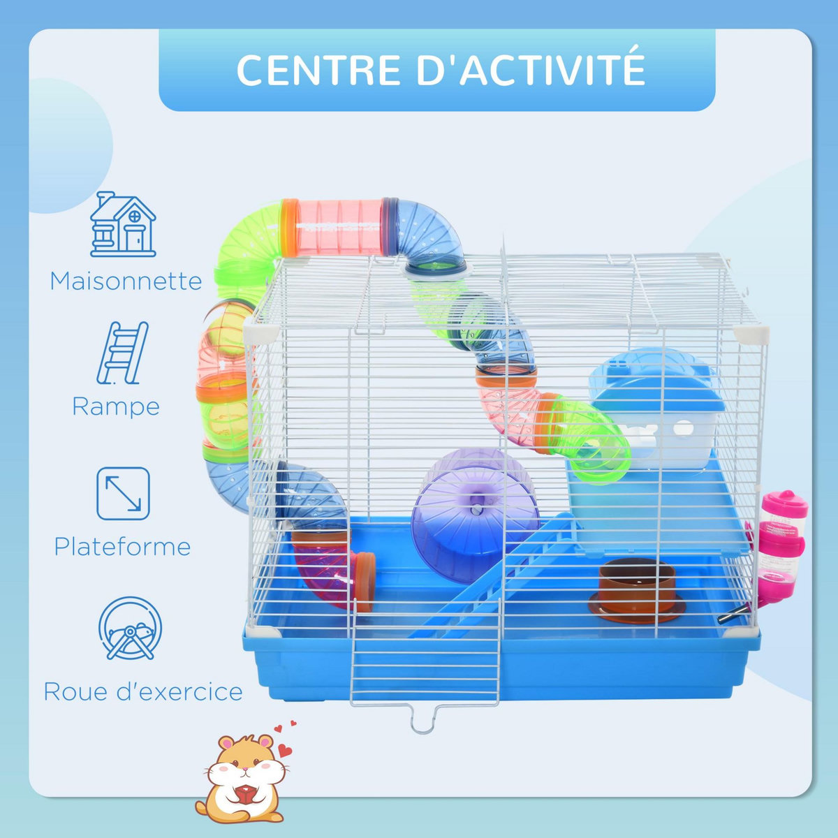 PAWHUT Cage à hamster rongeur 2 niveaux avec tunnel, biberon eau, roue, maisonnette, échelles - dim. 46L x 30l x 37H cm - métal blanc PP bleu