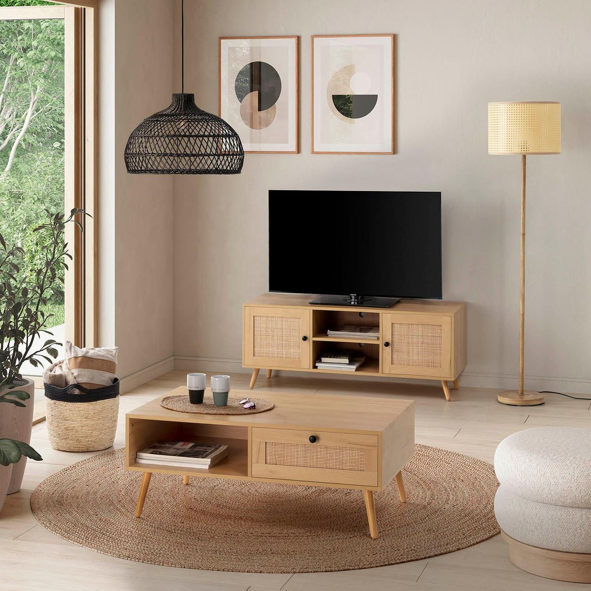 VS VENTA-STOCK Meuble TV Bella 2 Portes Couleur Chêne avec Rotin Naturel