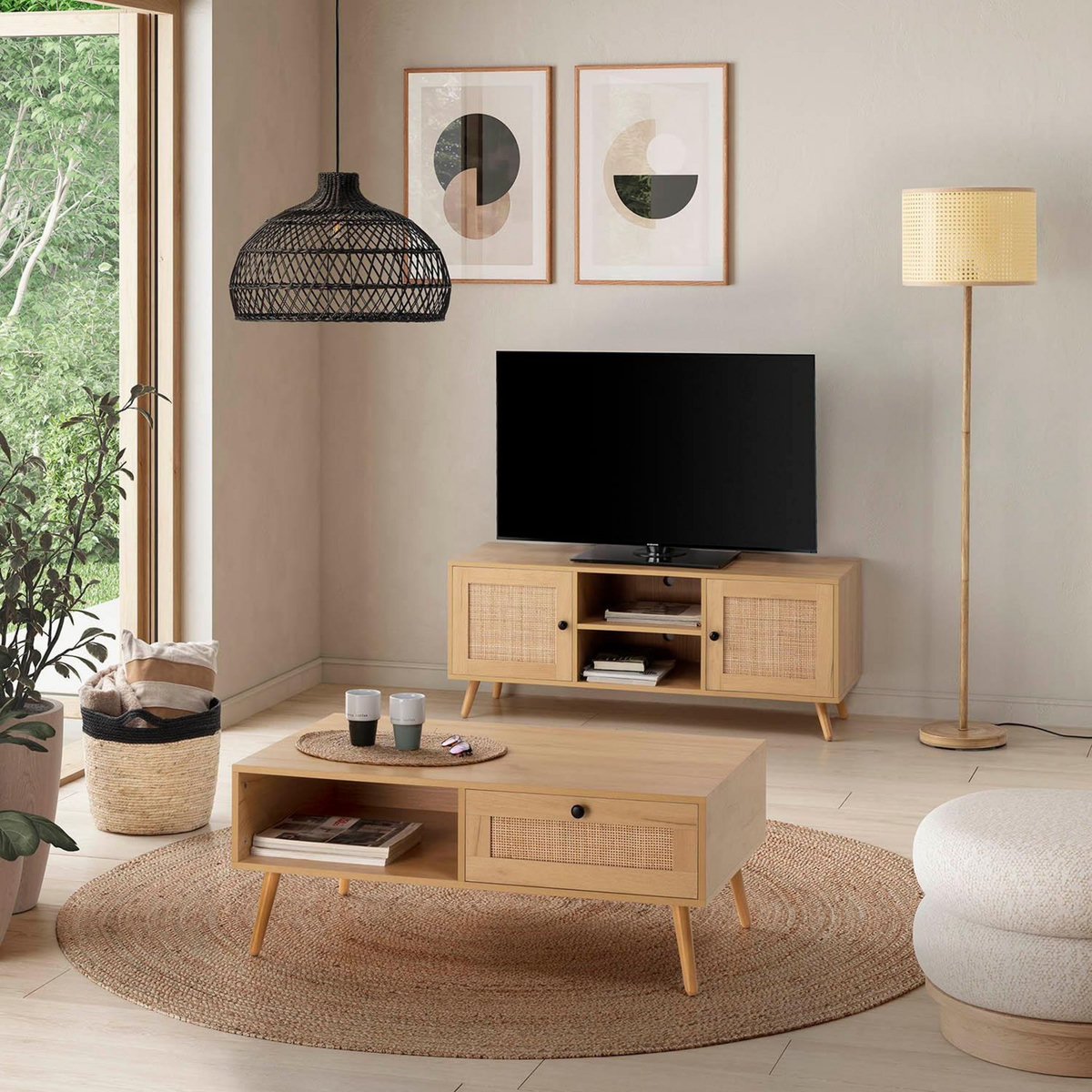 VS VENTA-STOCK Meuble TV Bella 2 Portes Couleur Chêne avec Rotin Naturel