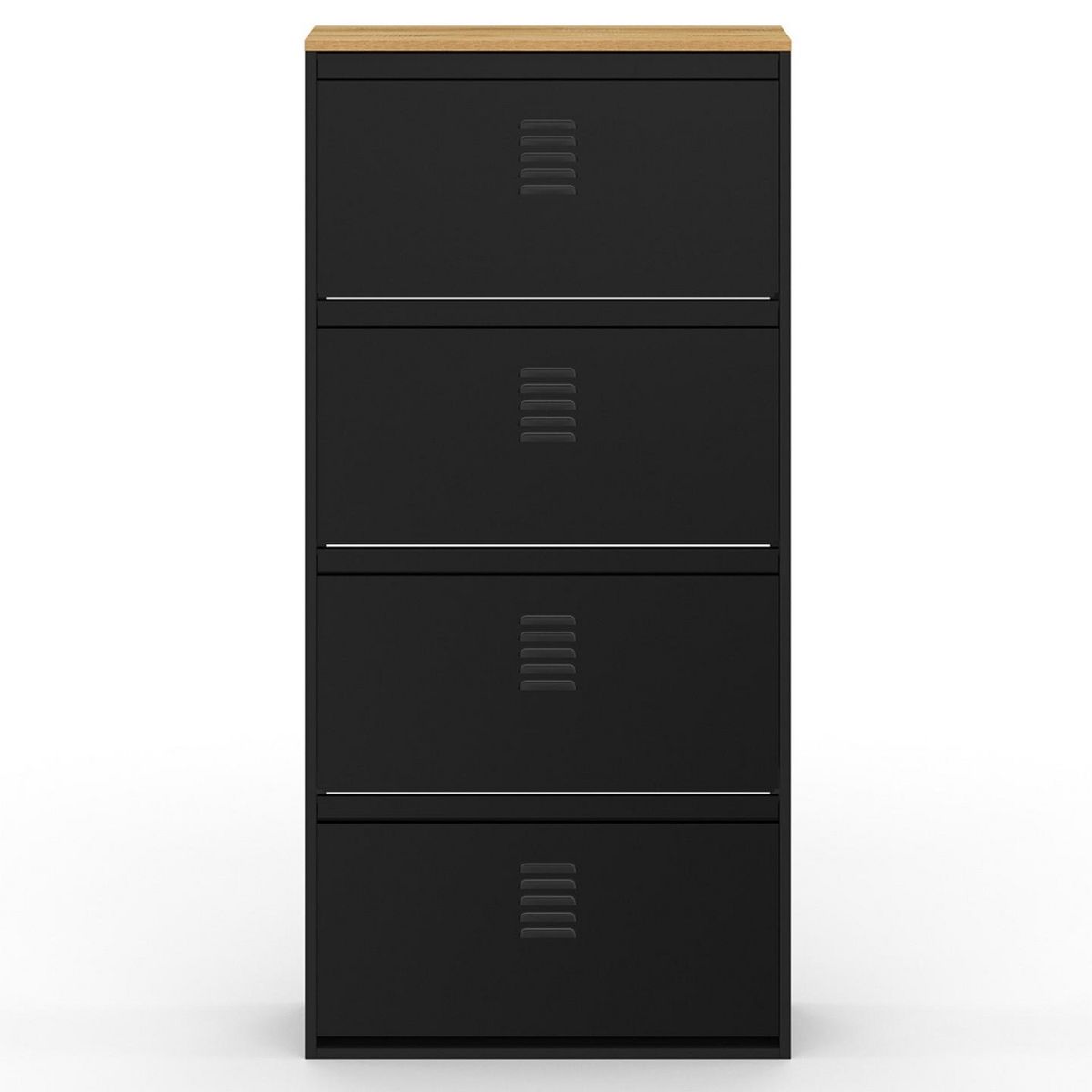 ID MARKET Meuble à chaussures 24 paires maxi capacité ESTER 4 portes métal noir et plateau façon hêtre design industriel