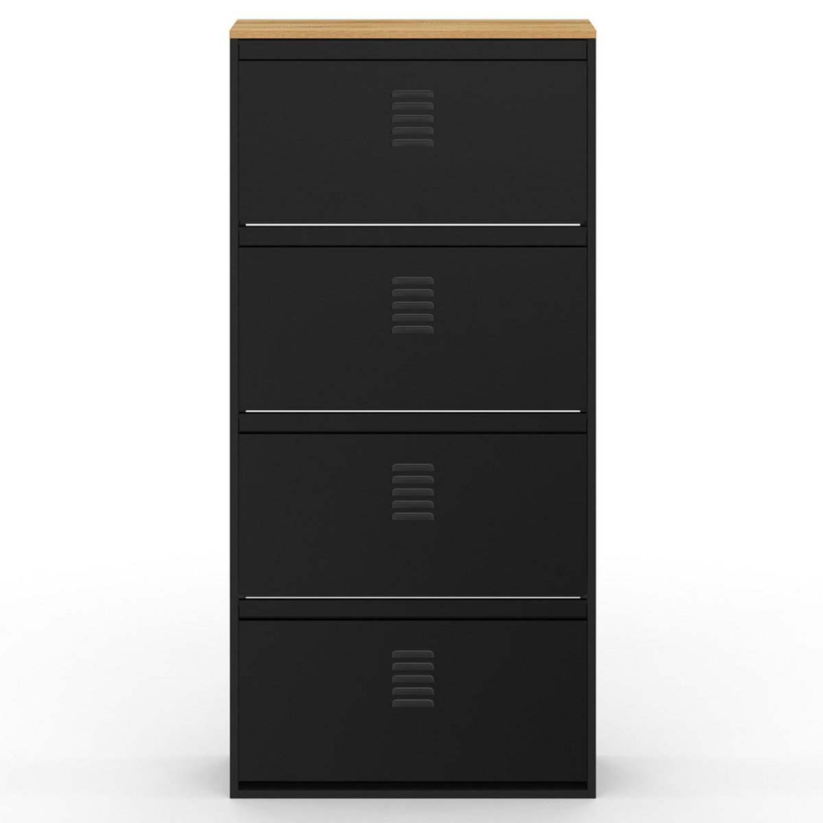 ID MARKET Meuble à chaussures 24 paires maxi capacité ESTER 4 portes métal noir et plateau façon hêtre design industriel