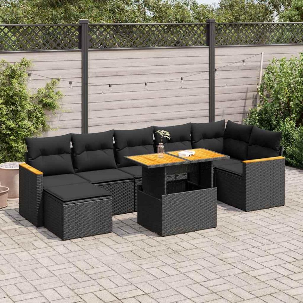 VIDAXL Salon de jardin avec coussins 8 pcs noir resine tressee acacia