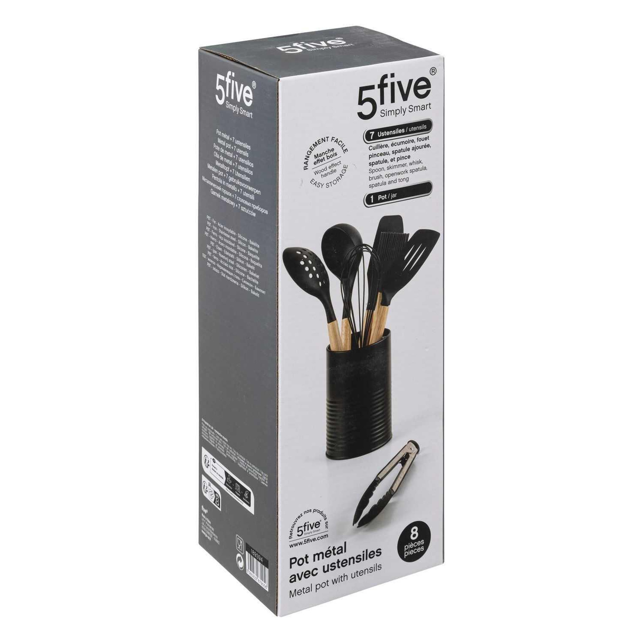 Voir la diapositive 2 : FIVE Lot de 7 ustensiles manche bois avec pot - Noir