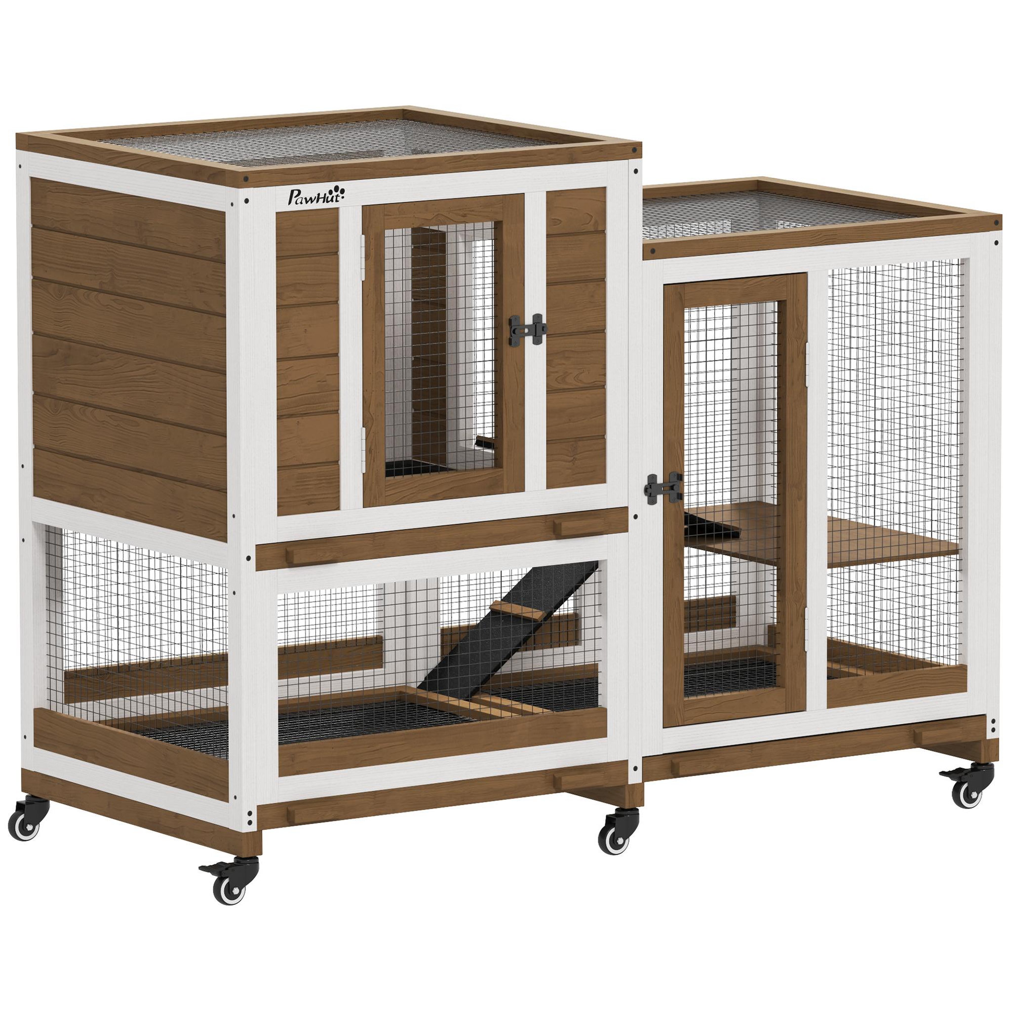 Voir la diapositive 5 : PAWHUT Clapier à lapin sur roulettes cage à lapin 3 niveaux 2 portes verrouillables 3 plateaux coulissants rampes bois sapin acier marron blanc