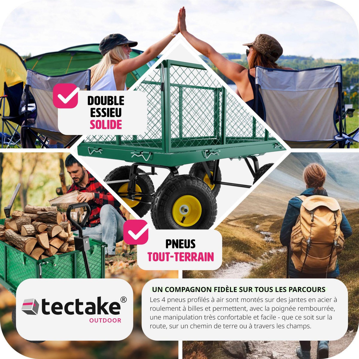 tectake Chariot de jardin chariot de transport avec des parois latérales rabattables vert