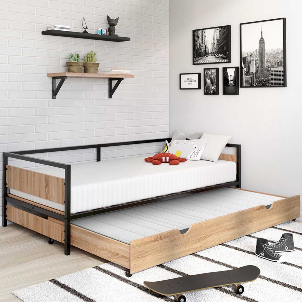 ID MARKET Lit enfant DETROIT 90 x 190 cm avec tiroir gigogne et rangement style industriel