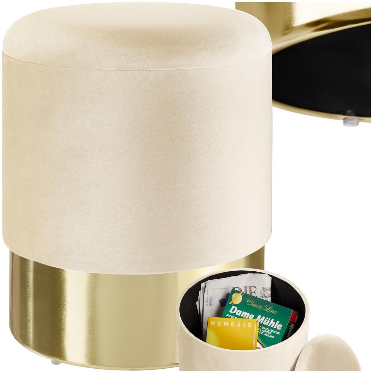 tectake Tabouret avec espace de rangement rond crème