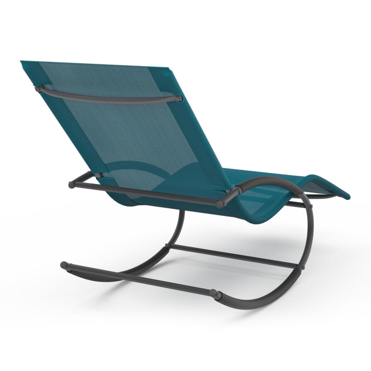 ID MARKET Lot de 2 chaises longues - transat de jardin à bascule MALAWI gris anthracite et toile bleu canard