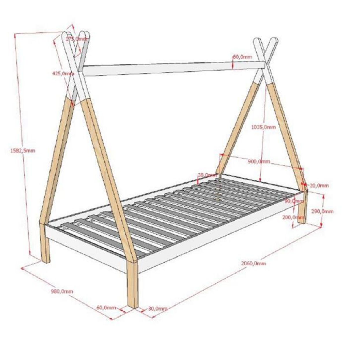 Paris Prix Pack - Lit Enfant & Tiroir  Tipi  90x200cm Blanc & Naturel
