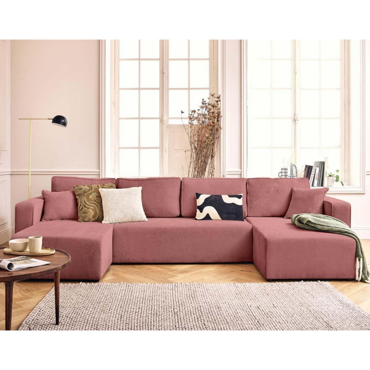 BEST MOBILIER Topaze - canapé panoramique en u 7 places convertible avec coffre en velours texturé