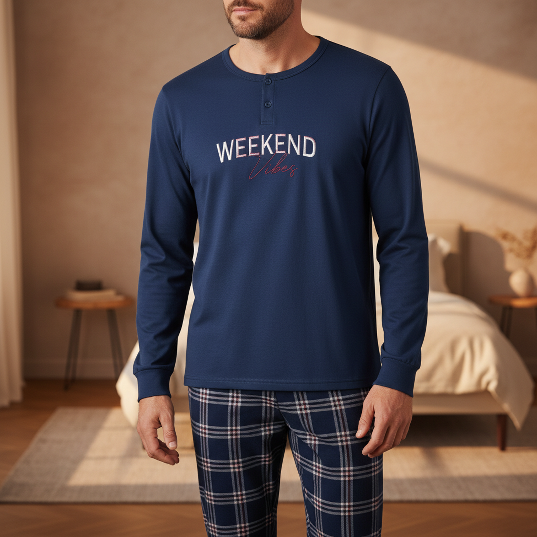 Voir la diapositive 2 : OZABI Ozabi ensemble pyjama homme doublé polaire broderie weekend vibes