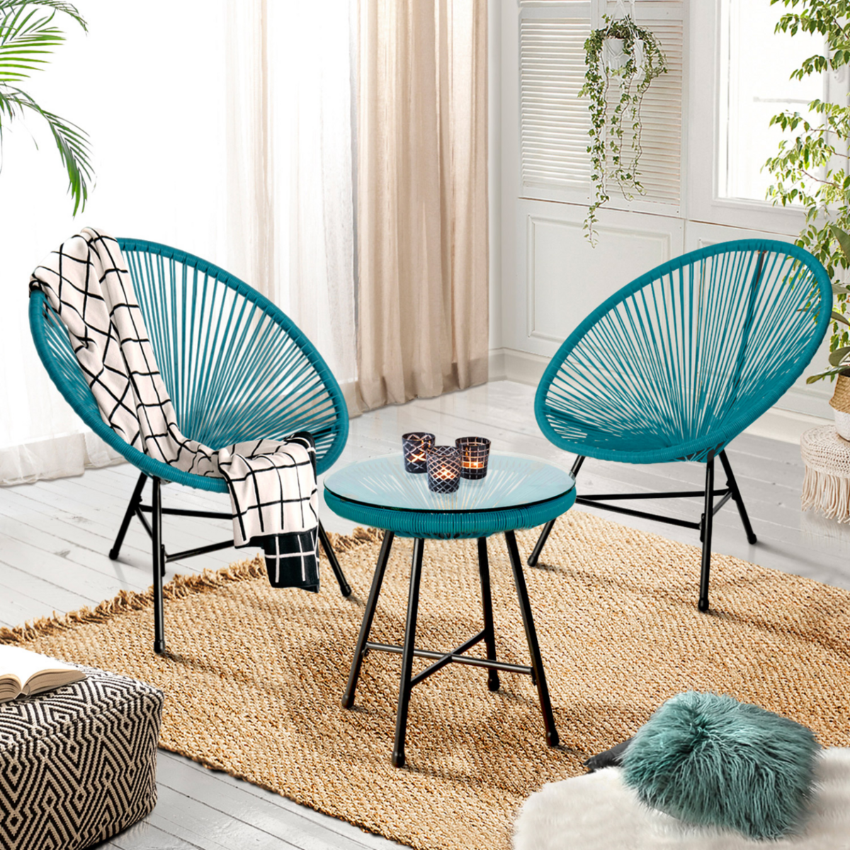 ID MARKET Salon de jardin IZMIR table et 2 fauteuils oeuf cordage bleu canard