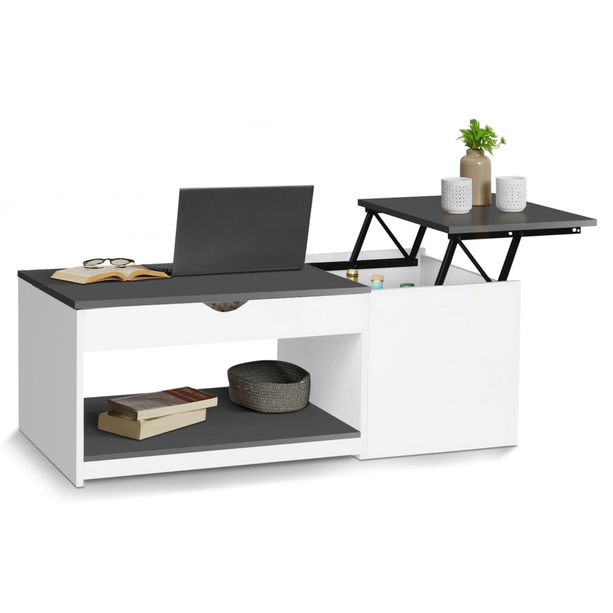 ID MARKET Table basse 2 plateaux relevables EYLA avec coffre bois blanc et gris