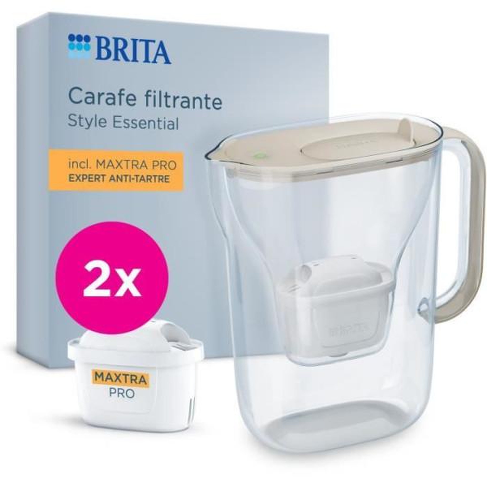Brita Carafe filtrante BRITA - Style Essential Sable - Capacité 2,4L dont 1,4L d'eau filtrée - 2 filtres Maxtra Pro Expert anti-tart