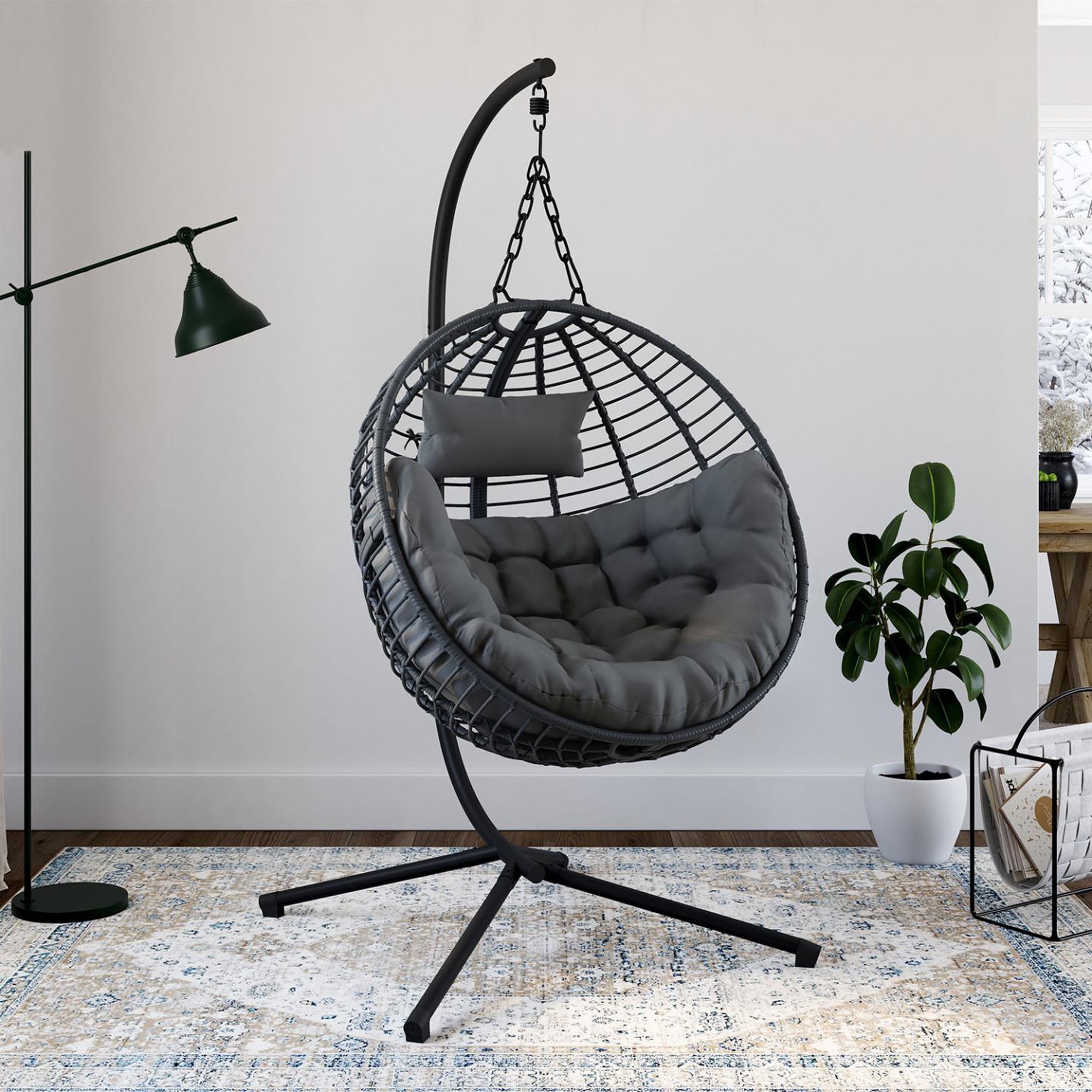 Voir la diapositive 3 : ID MARKET Fauteuil rond suspendu ajouré effet rotin gris avec coussin gris