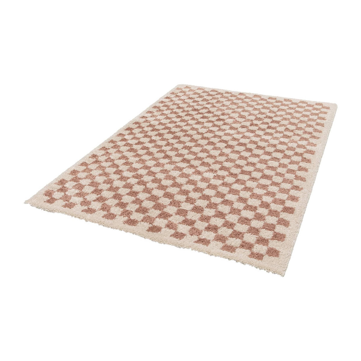 SWEEEK Tapis intérieur shaggy poils longs damier vieux rose et crème