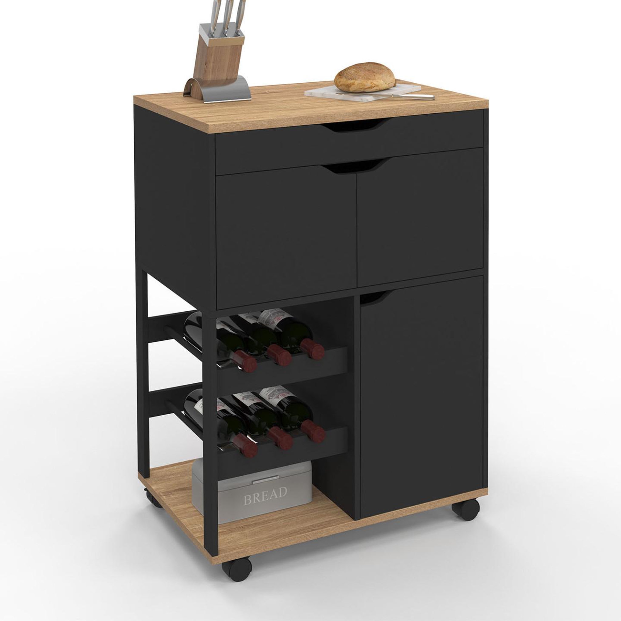 ID MARKET Desserte de cuisine cosy avec placards et range bouteilles bois et noir