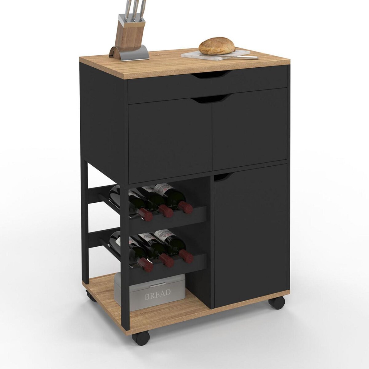 ID MARKET Desserte de cuisine COSY avec placards et range bouteilles bois et noir