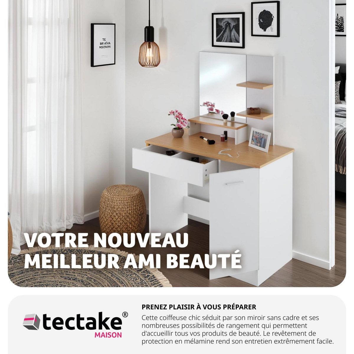 tectake Coiffeuse table de maquillage au look moderne blanc/hêtre