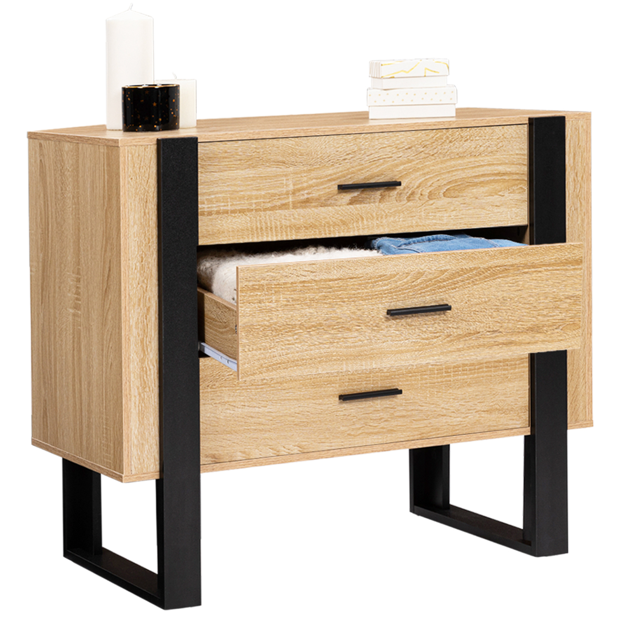 Voir la diapositive 5 : ID MARKET Commode 3 tiroirs phoenix 80 cm bois et noir