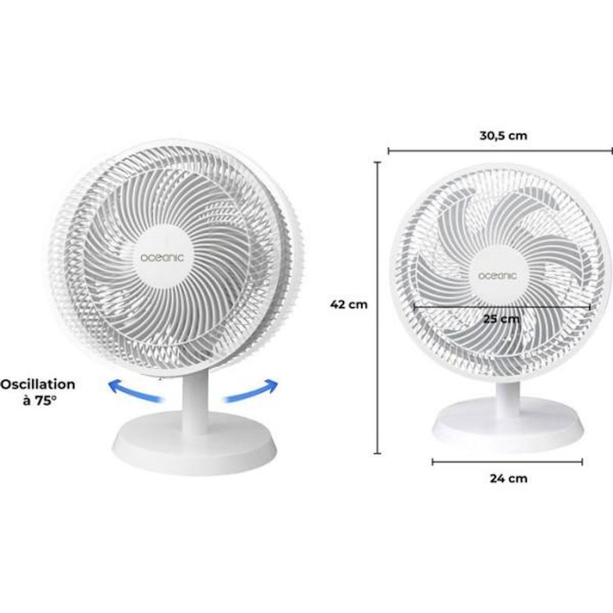 OCEANIC Ventilateur de table OCEANIC - 35W - Diametre 30,5 cm - 3 vitesses - Oscillant - Blanc