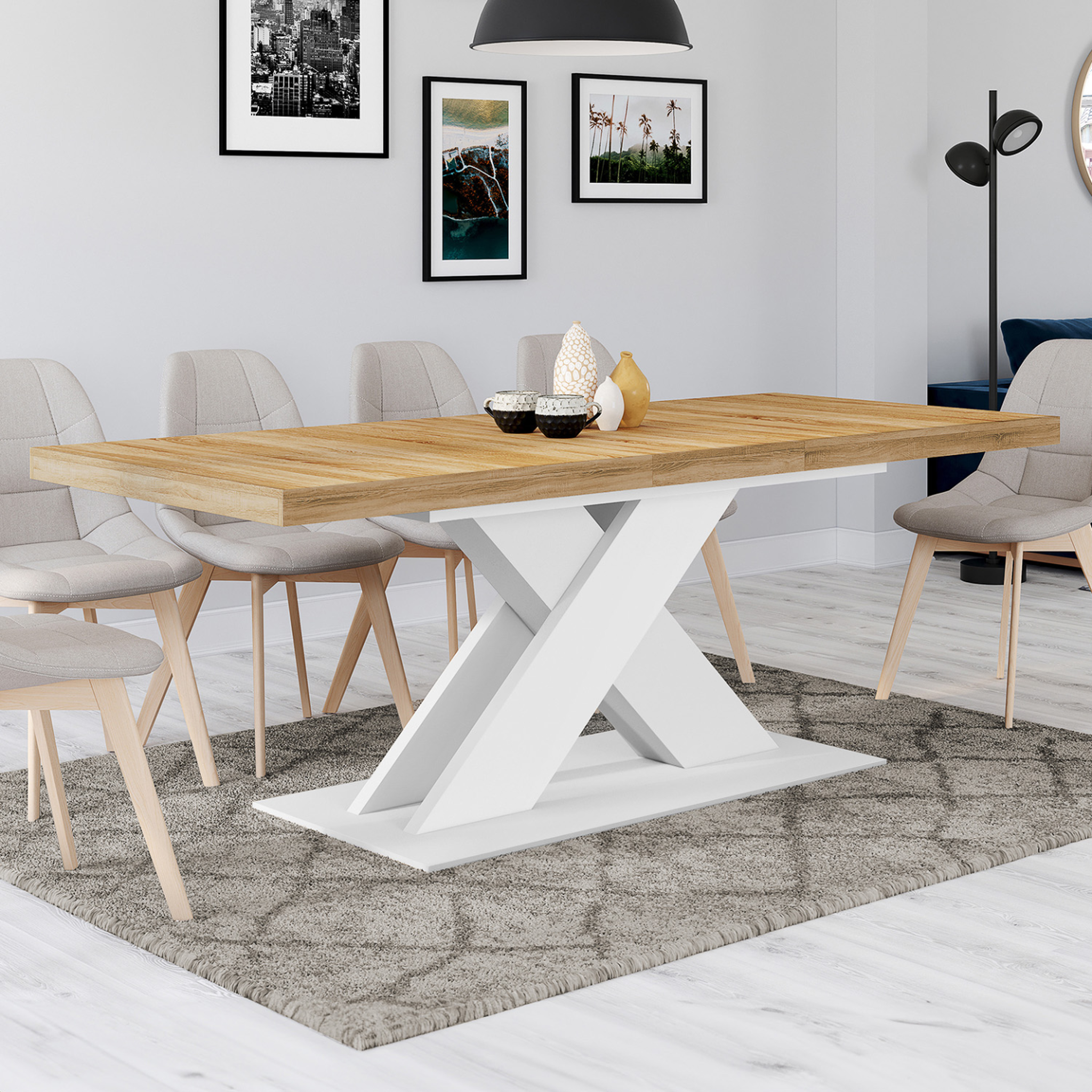 Voir la diapositive 2 : ID MARKET Table à manger extensible rectangle alicia 6-10 personnes bois et blanc 160-200 cm