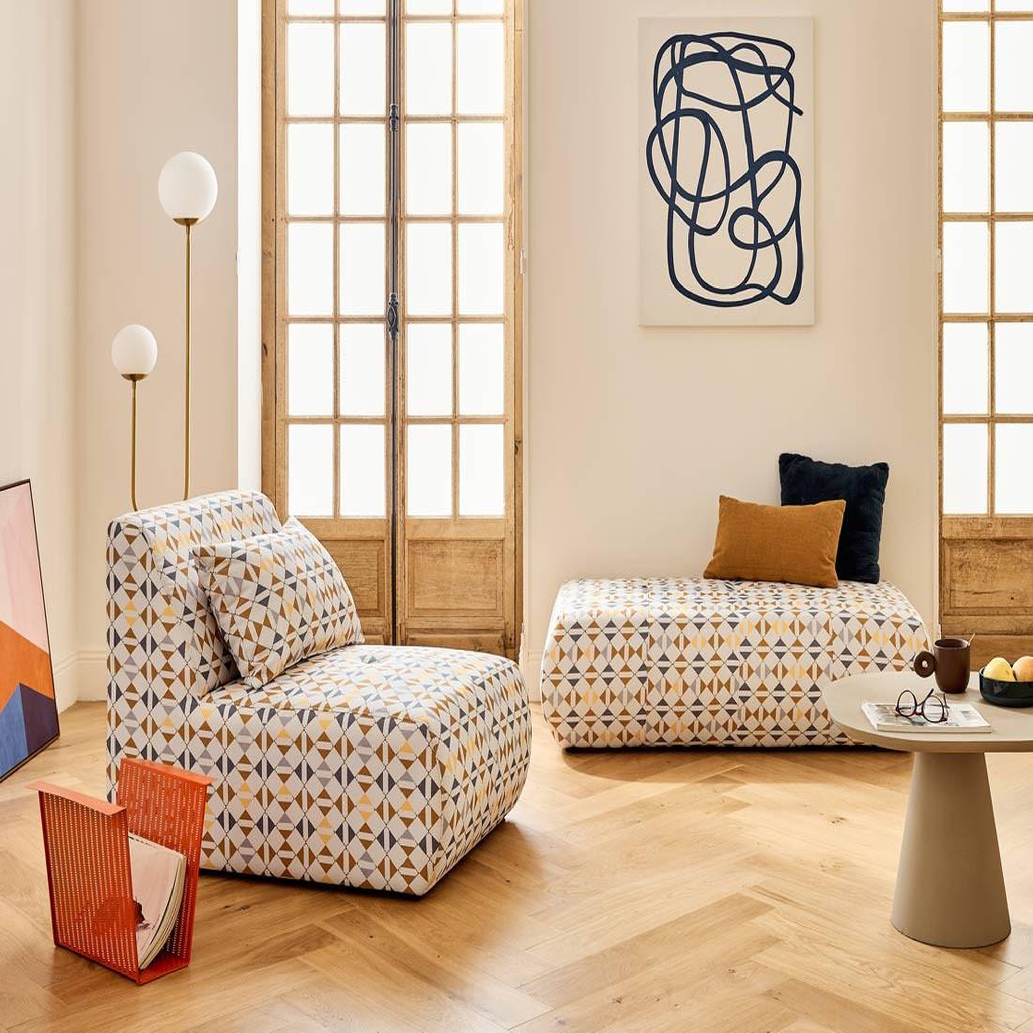 Voir la diapositive 2 : LISA DESIGN Onyx - fauteuil sans accoudoirs motif graphique en tissu