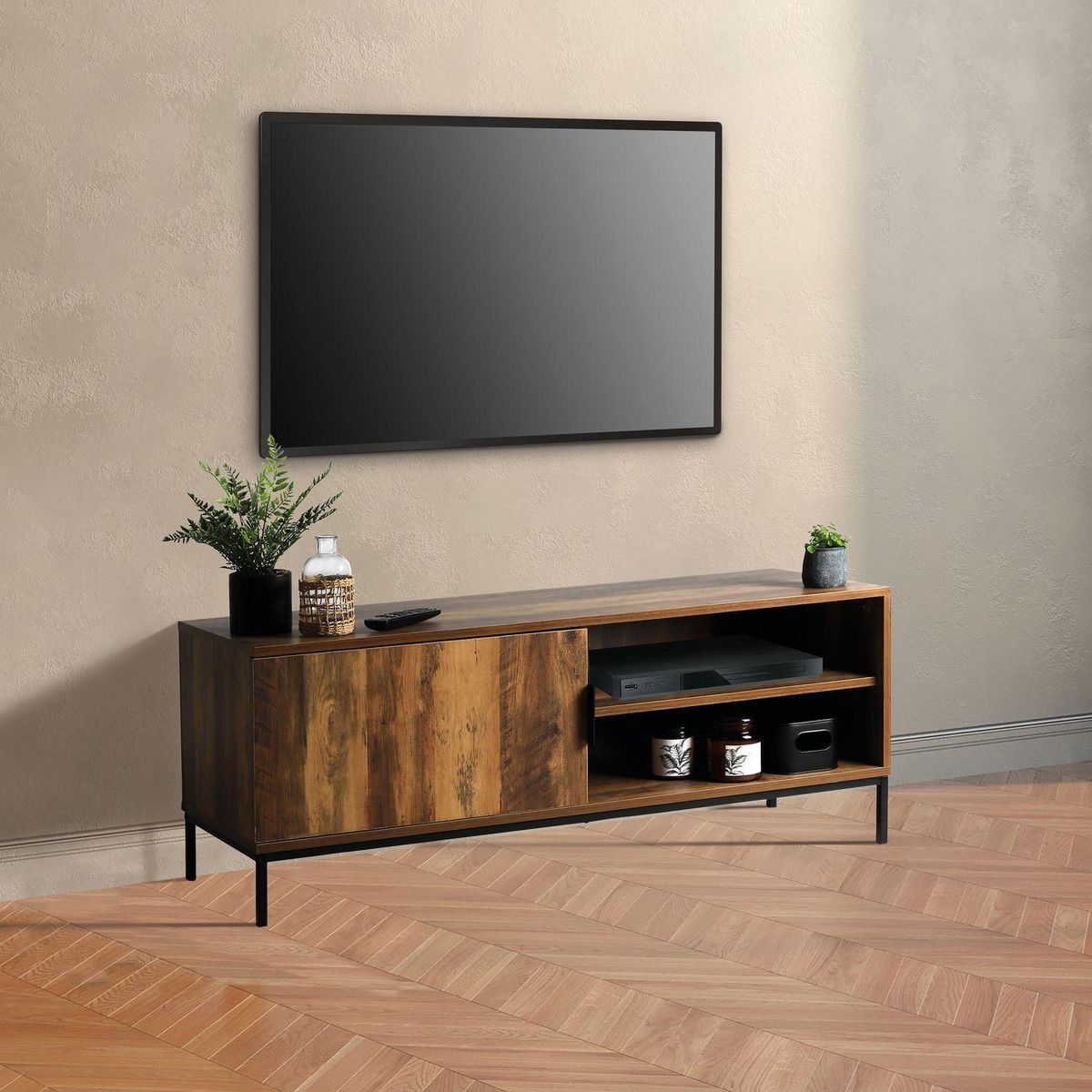TOILINUX Meuble TV Joya avec 1 porte et 2 niches de rangement - Bois foncé et noir
