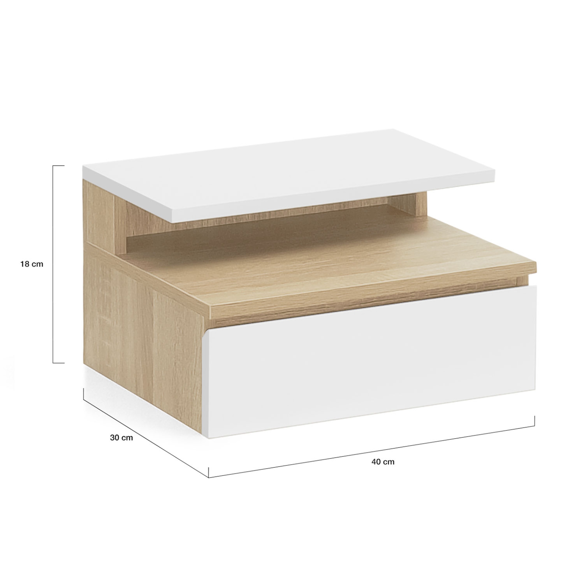 Voir la diapositive 6 : ID MARKET Lot de 2 tables de chevet murales tomi 1 tiroir + 1 tablette étagère suspendue + 1 tablette façon hêtre et blanc
