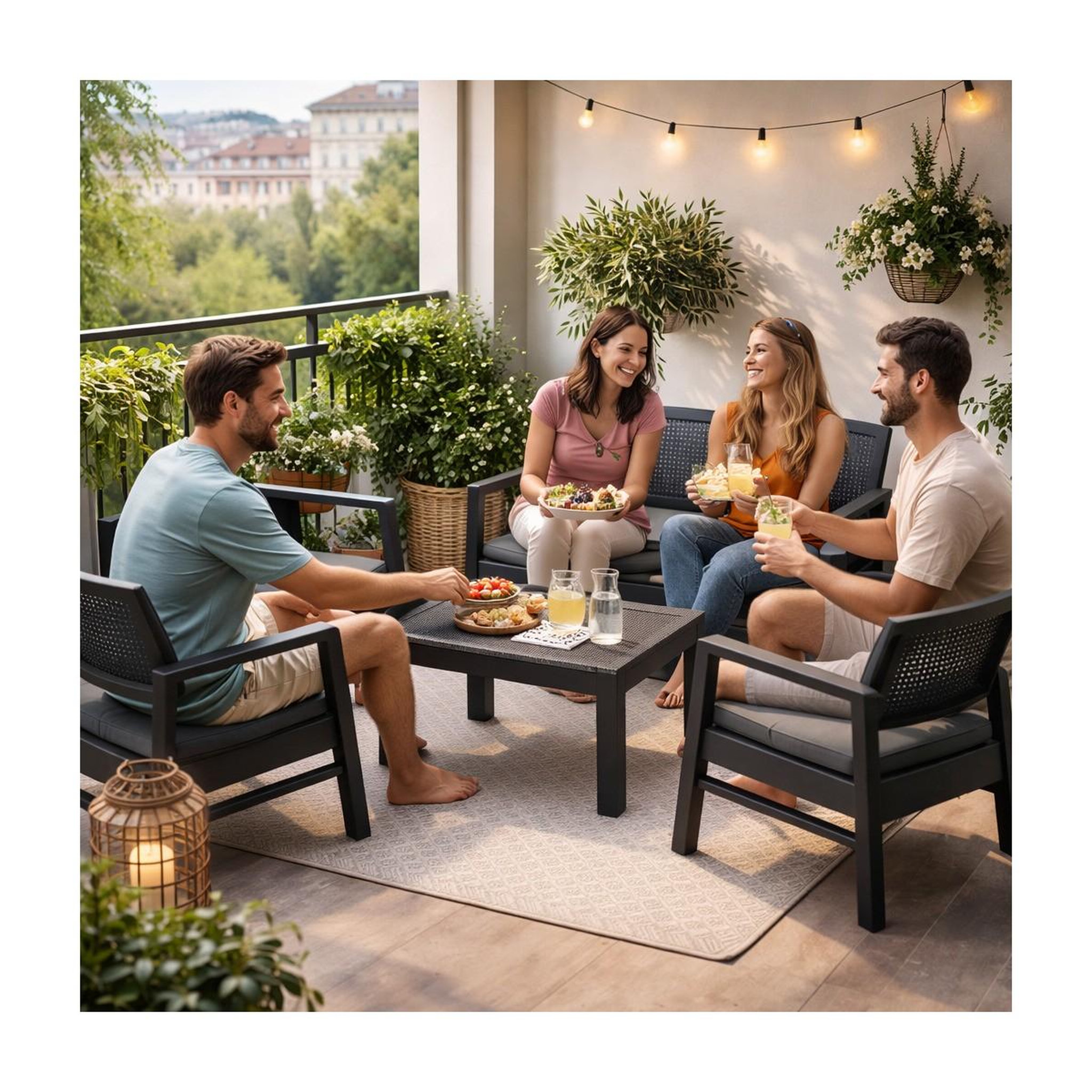Voir la diapositive 6 : KZ GARDEN Salon de jardin extérieur 4 personnes gris anthracite canapé 2 places + 2 fauteuils + table basse + 4 coussins kz garden