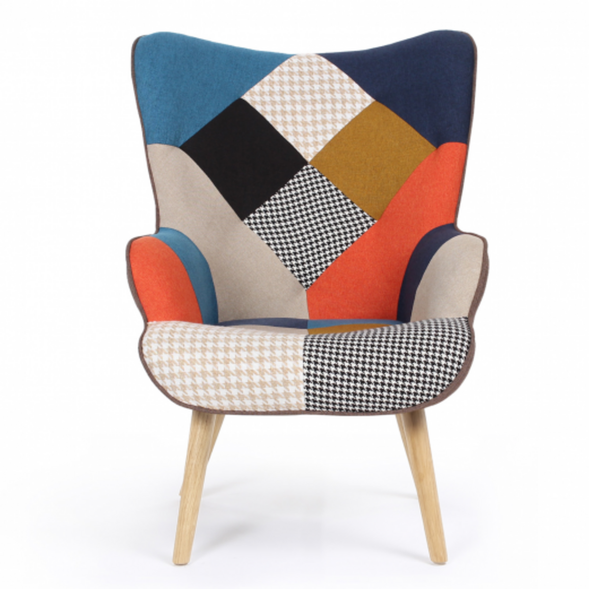 ID MARKET Fauteuil scandinave IVAR avec repose pieds en tissu patchwork multicouleurs et imprimé pied de poule