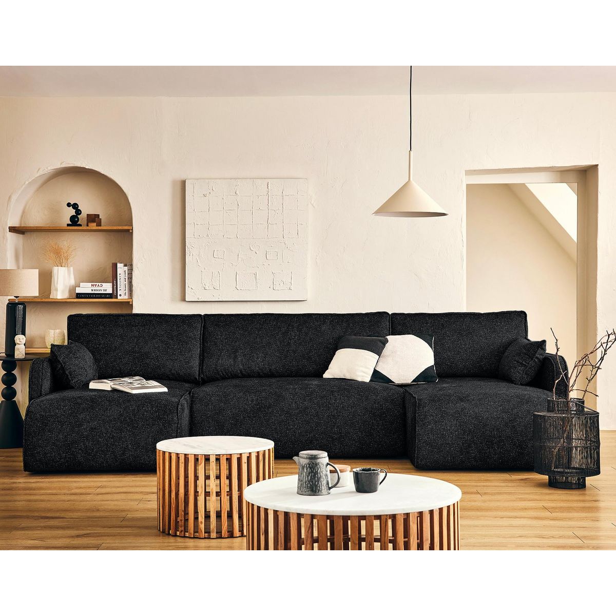 LISA DESIGN Apolline - canapé panoramique en u 7 places convertible avec coffres en tissu moucheté