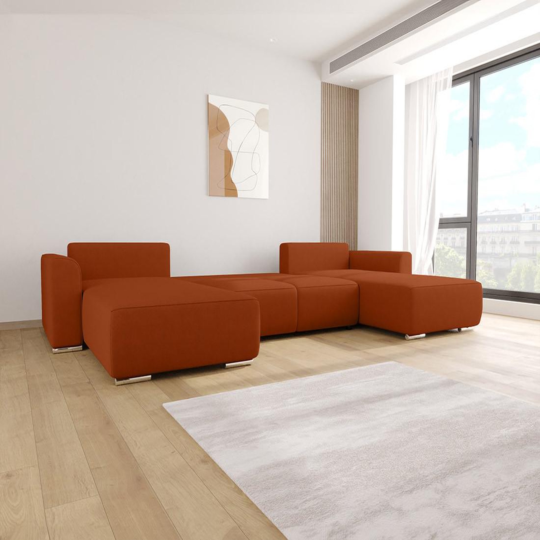 Voir la diapositive 3 : BEST MOBILIER Gabriel - canapé panoramique en u 7 places convertible avec coffre en tissu texturé