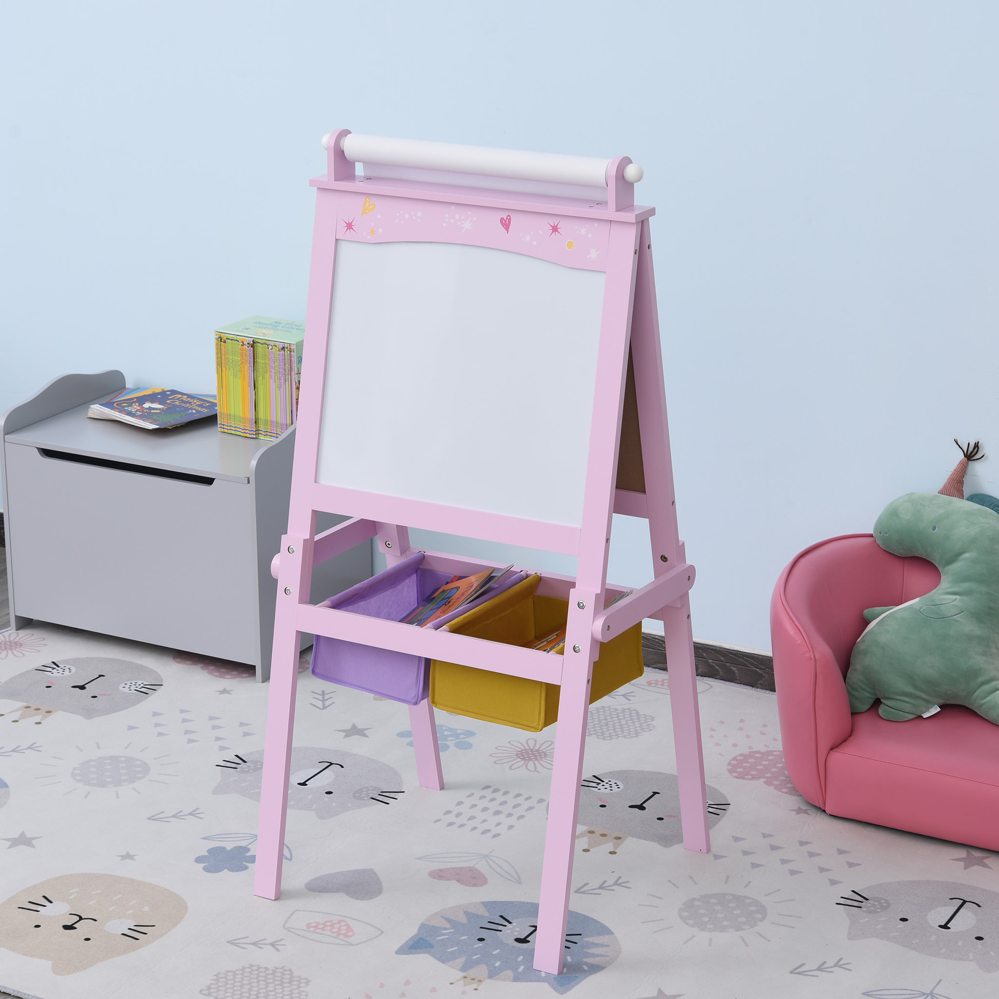 Voir la diapositive 2 : HOMCOM Tableau enfant - chevalet enfant - ardoise double face - tableau blanc tableau à craie - rouleau papier + paniers rangement intégrés - MDF rose
