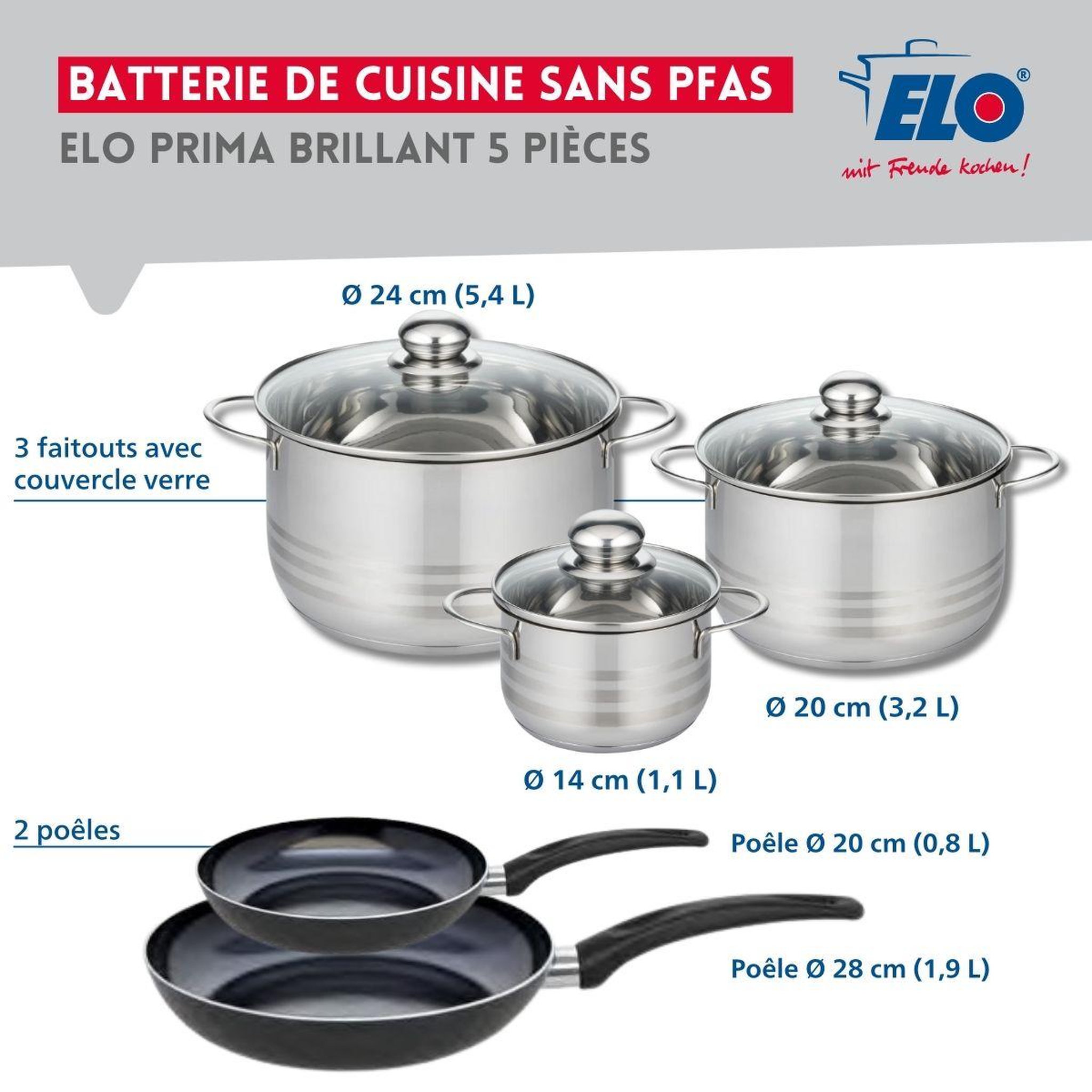 Voir la diapositive 2 : ELO Ensemble de 2 Poêles de cuisson 20 et 28 cm et 3 faitouts 14, 20 et 24 cm Elo Prima Brillant