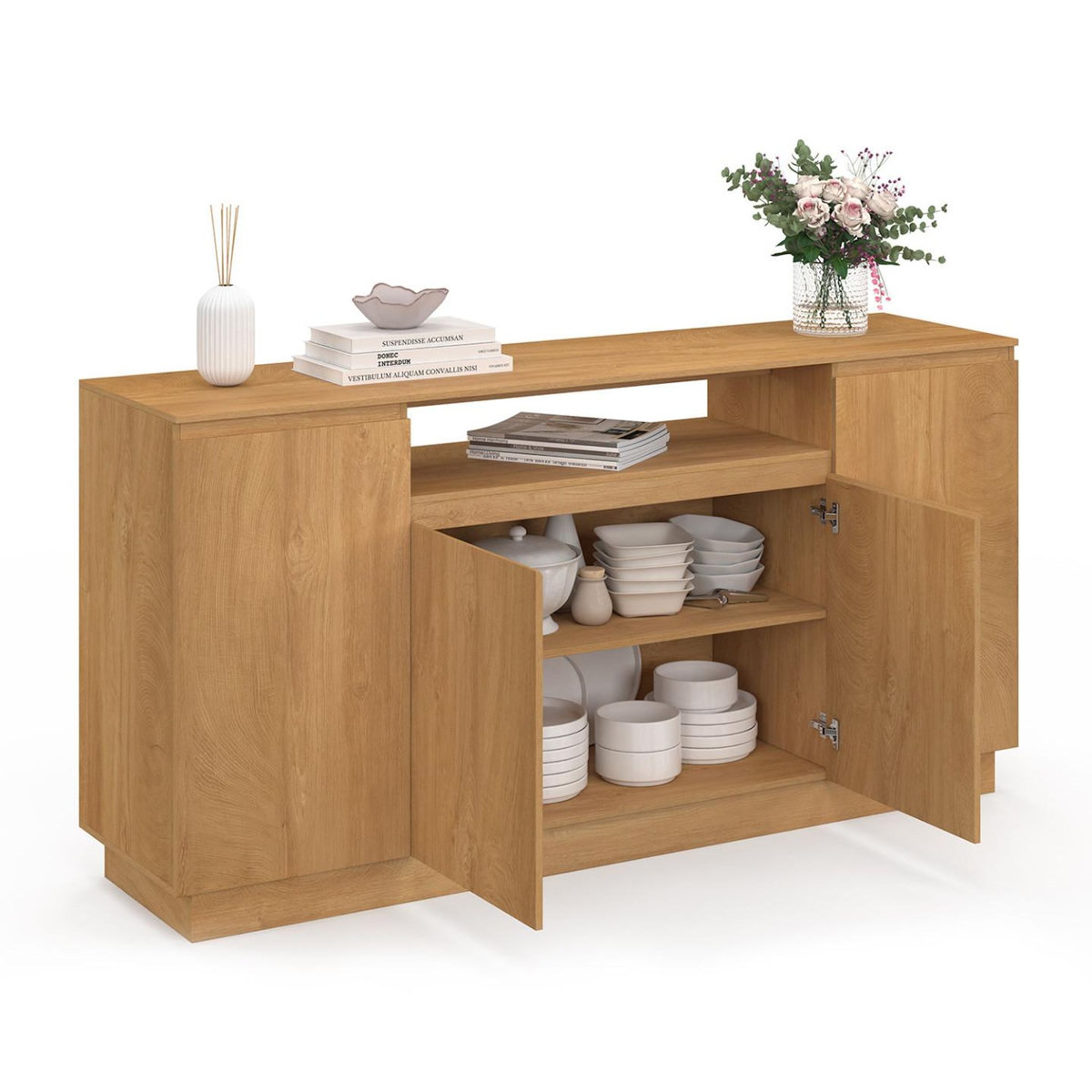 ID MARKET Buffet 160 cm SERENA 4 portes avec niche centrale effet bois