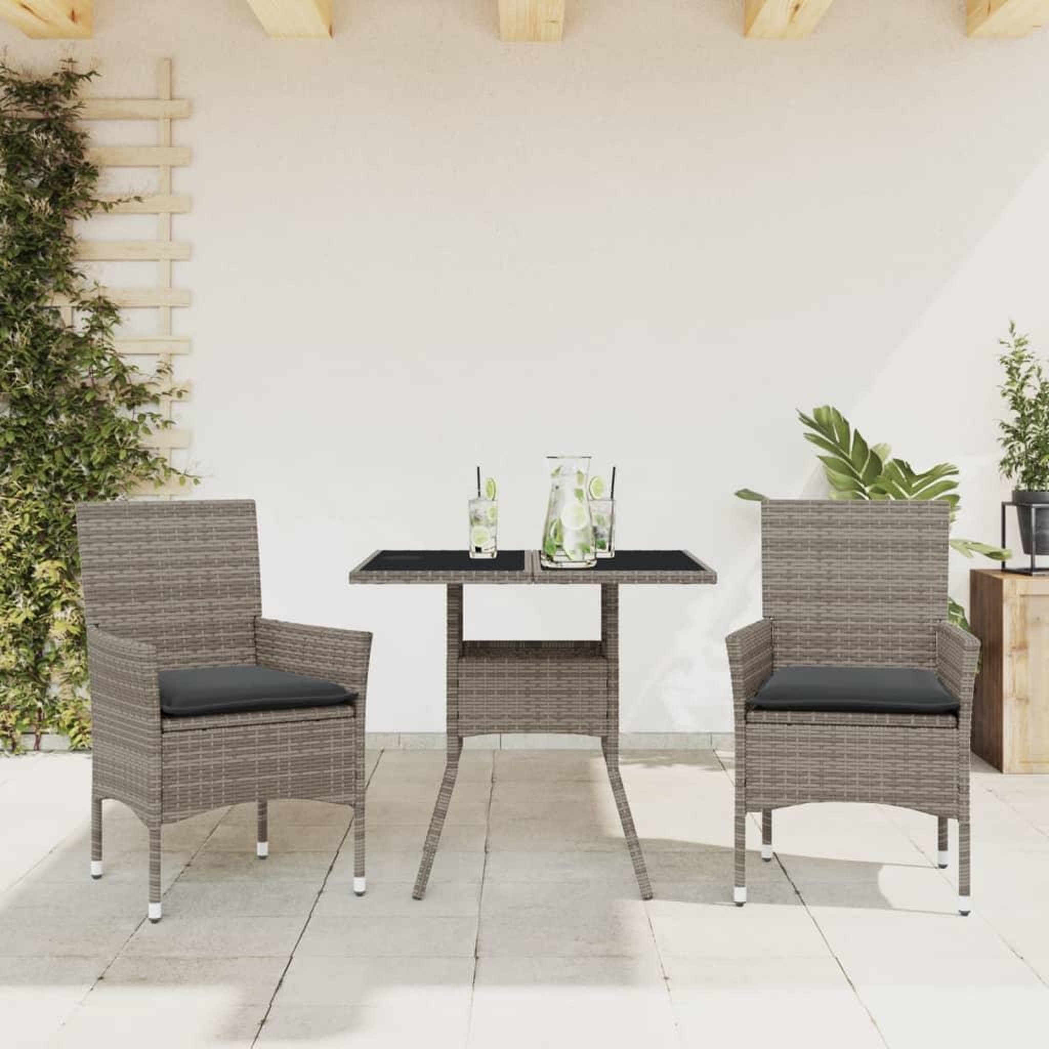 VIDAXL Ensemble a manger de jardin et coussins 3 pcs gris rotin verre
